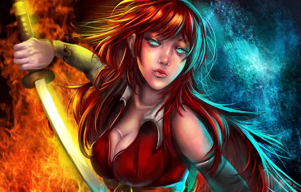 Cold, girl, lights, magic, sword, katana, art, red
