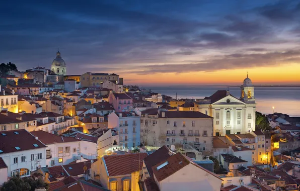 Roof, sea, night, lights, home, slope, panorama, Portugal