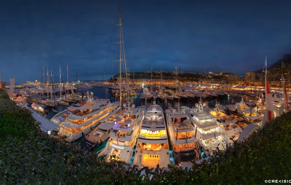 Picture panorama, night, yacht, monaco, port, monte carlo, hercule, yacht show