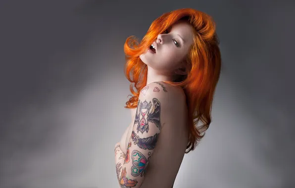Girl, emotions, portrait, tattoo, red