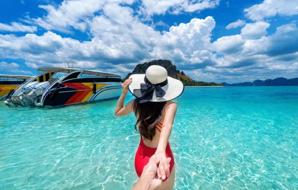 Picture sea, beach, girl, nature, hat, hands