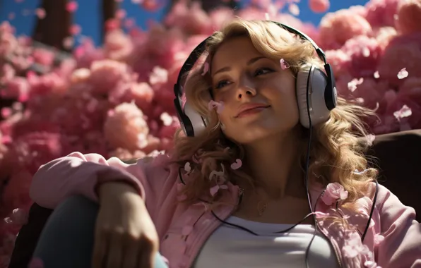 Picture look, girl, flowers, pose, music, portrait, headphones, AI art