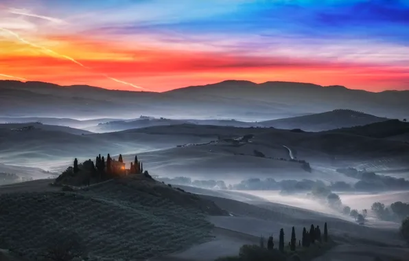 Fog, field, the evening, morning, Italy, haze, Tuscany