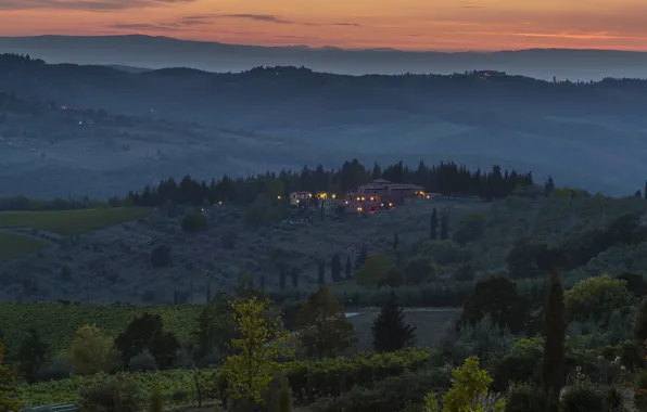 Picture field, trees, sunset, lights, hills, home, the evening, Italy