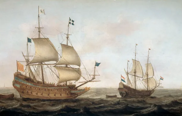 Oil, picture, sail, seascape, A warship is Sent to Dutch Harbor, Jacob Gerritz Loef
