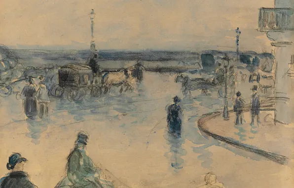 Picture figure, watercolor, the urban landscape, Camille Pissarro, Rouen under the Rain