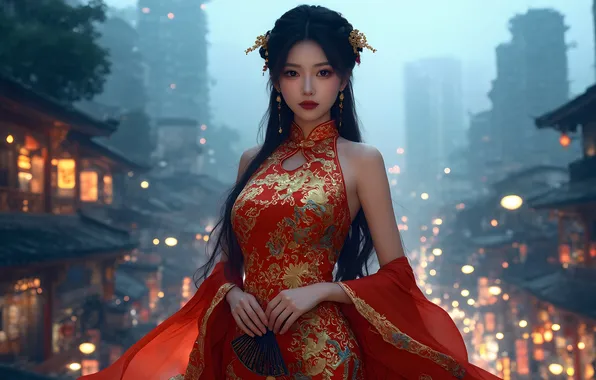 Girl, the city, earrings, hairstyle, Chinese, Asian, red dress, long hair