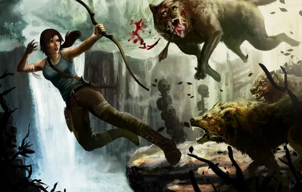 Girl, bow, art, wolves, Tomb Raider, Lara Croft, Lara Croft