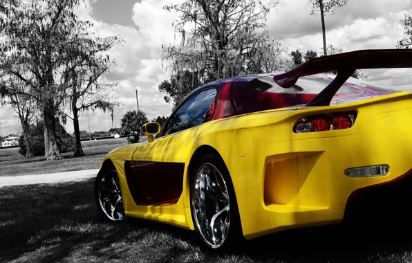 Mazda, Yellow, Tuning, Back, Trees, Rx-7, Veilside