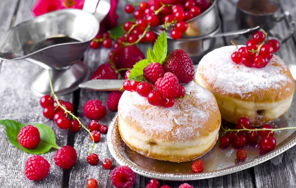 Berries, raspberry, strawberry, donuts, currants, syrup