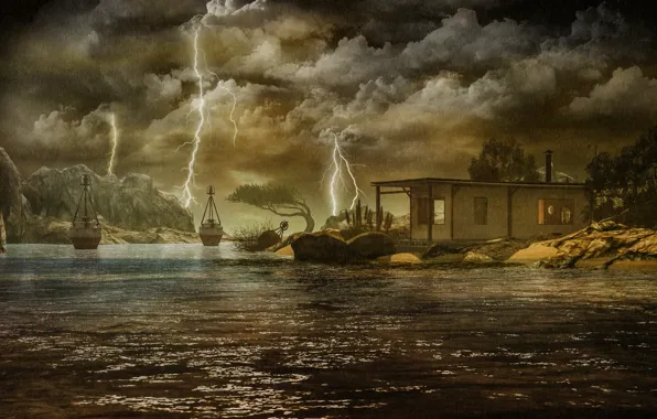 The storm, the sky, water, clouds, trees, landscape, clouds, nature