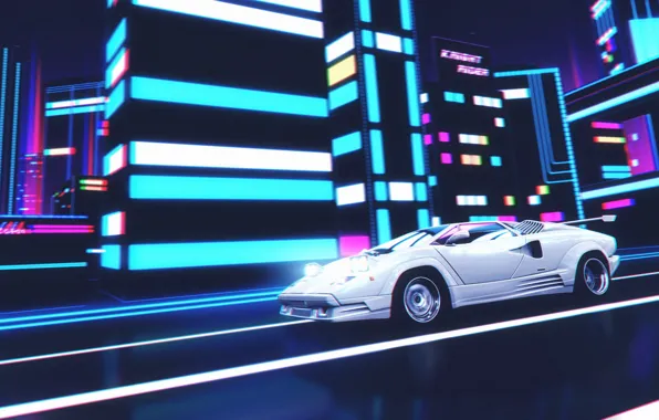 Music, Lamborghini, Background, 80s, Neon, Countach, Illustration, Lamborghini Countach