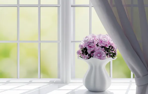 Flowers, rendering, window, vase