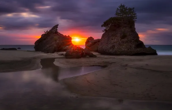 Sand, the sky, the sun, rays, sunset, night, clouds, rocks