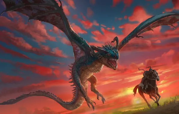 Sunset, horse, dragon, horse, warrior, rider, dragon