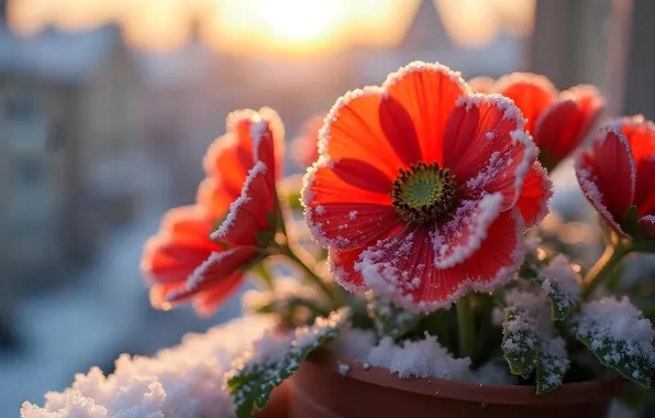 Winter, snow, flowers, spring, flowers, winter, snow, spring