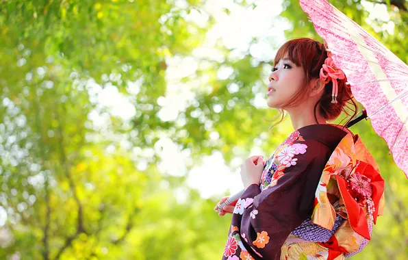 Face, umbrella, clothing, kimono, Asian
