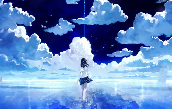 Road, water, clouds, reflection, markup, the wind, Girl, goes