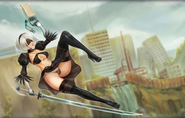 Girl, Figure, Sword, Android, Art, Nier, Figure, Illustration