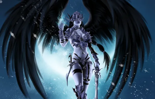 Girl, weapons, fiction, sword, armor, Valkyrie, black wings, valkyria