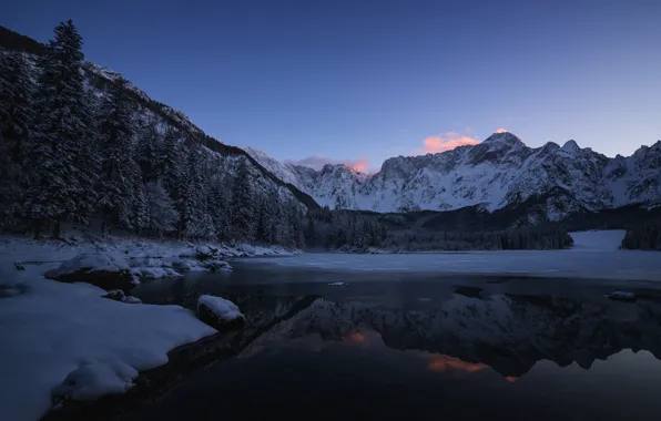 Picture winter, the sky, snow, trees, mountains, nature, lake, rocks