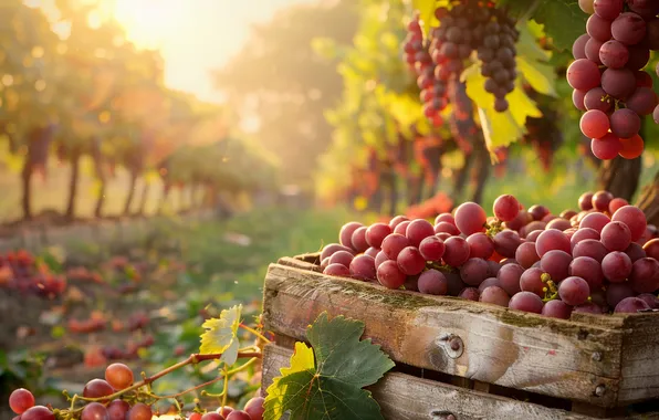 Field, leaves, rays, light, red, morning, harvest, grapes