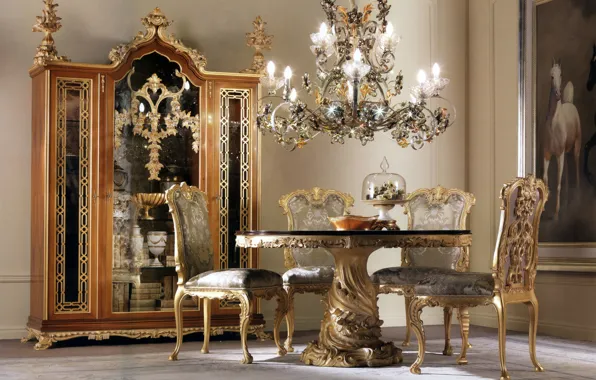 Table, gold, chairs, interior, chandelier, luxury, living room, decor