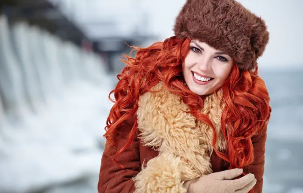 Winter, girl, smile, background, hat, portrait, makeup, hairstyle