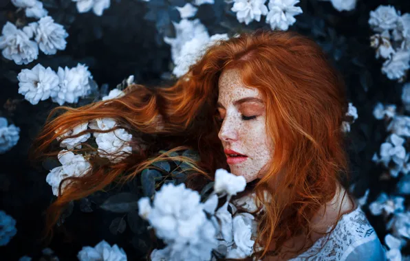 Girl, flowers, freckles, red