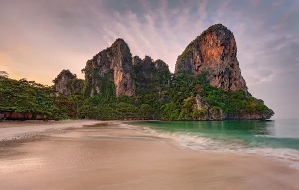 Picture Thailand, beach, trees, rocks, sand, tide, Andaman sea