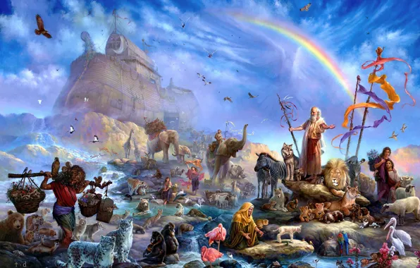 Picture animals, people, rainbow, art, salvation, the ark, Tom duBois, Noah's ark
