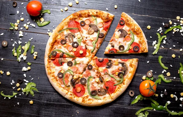 Mushrooms, Board, food, pieces, pepper, placer, pizza, tomatoes