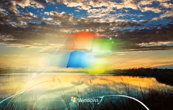 Clouds, lake, logo, seven, Windows 7