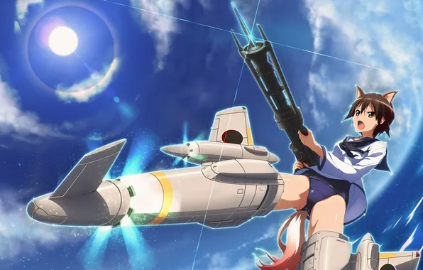 Picture girl, flight, weapons, Anime, ears, ponytail, Strike Witches