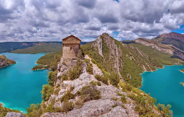 River, rocks, tower, Spain, chapel, abode, La Pertusa