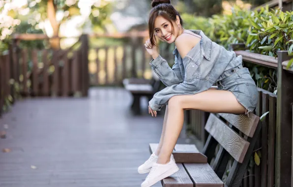 Picture girl, Asian, bench
