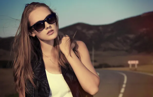 Road, girl, sunglasses, hair. the wind