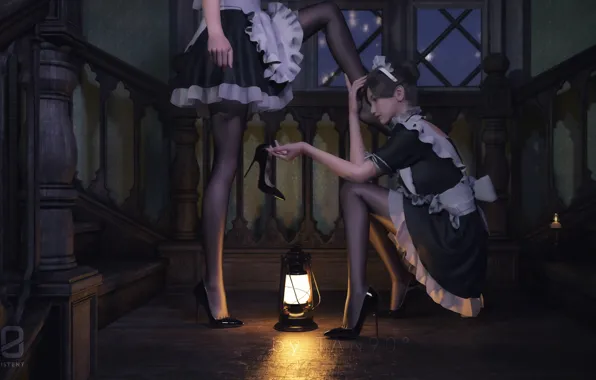 Picture lantern, railings, two girls, mansion, uniform, window, maids, corridor