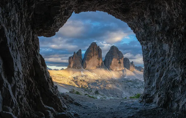 Mountains, stones, rocks, view, arch, cave, arch, The Dolomites