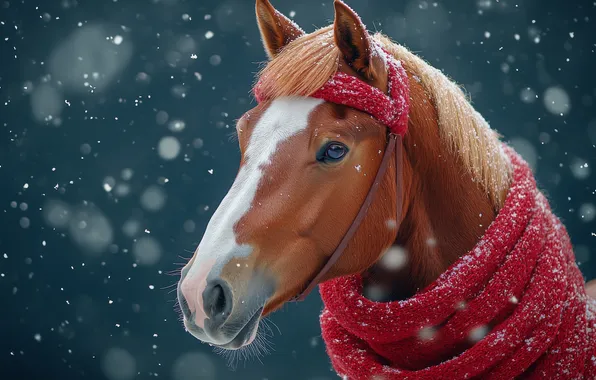 Winter, look, face, snow, horse, horse, portrait, scarf