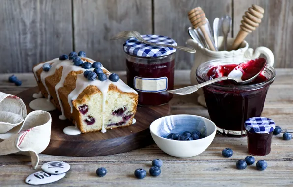 Berries, still life, jam, cupcake, blueberries