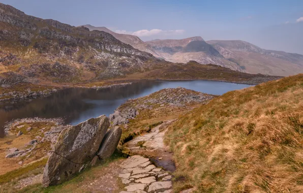Mountains, lake, rocks, Wales, Snowdonia, Llyn Of Bolid