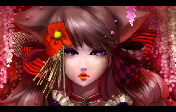 Picture flowers, face, portrait, bow, ears, Kuro Otome Youkai za