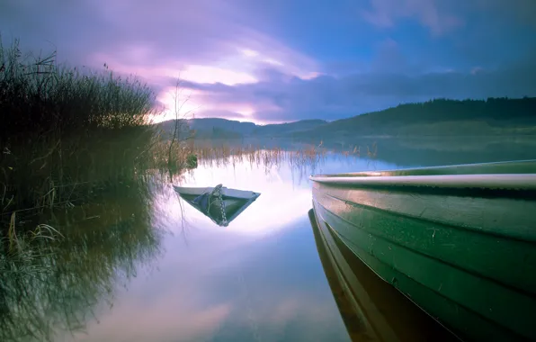 Picture sunset, lake, boat, boats, the evening, reed, sunken