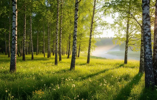 Fog, river, Wallpaper, wallpaper, birch, grove, river, fog
