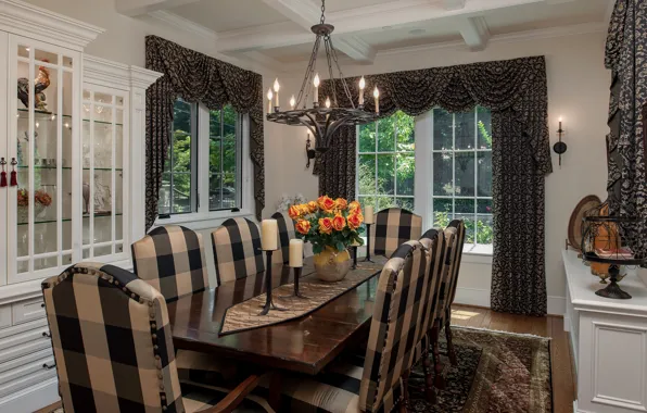 Wallpaper chandelier, table, candles, bouquet, roses, dining room, curtains, decor