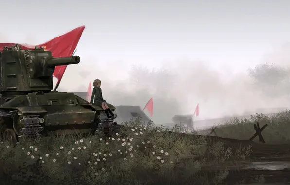 Girl, Girl, Tank, Anime, KV-2, Girls and Panzer, Banner