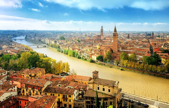 Autumn, the sky, the sun, clouds, trees, river, home, Italy