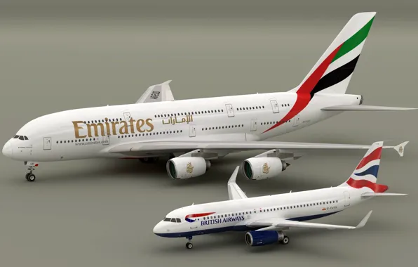 Picture models, Airbus A320 British Aiways, Airbus A380 Emirates, Blender3D