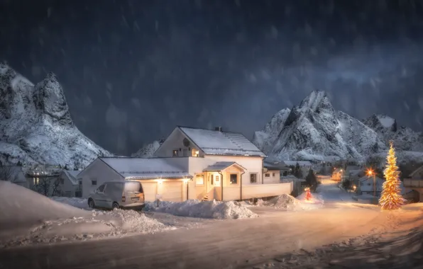 Picture winter, road, snow, mountains, house, Norway, tree, Norway